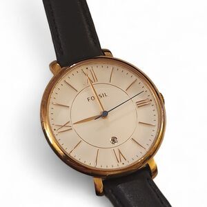 Fossil ES4140 Women's Gold Tone Watch Roman Numeral Leather Date Quartz